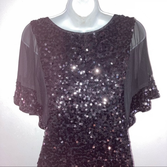 Ignite Black Sequin Stretch Sheer Flutter Short Sleeve Dress 6 - Picture 2 of 13